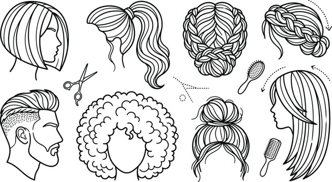 Hairstyle and haircut line icon set with braid bun ponytail bob afro long hair man fade and scissors