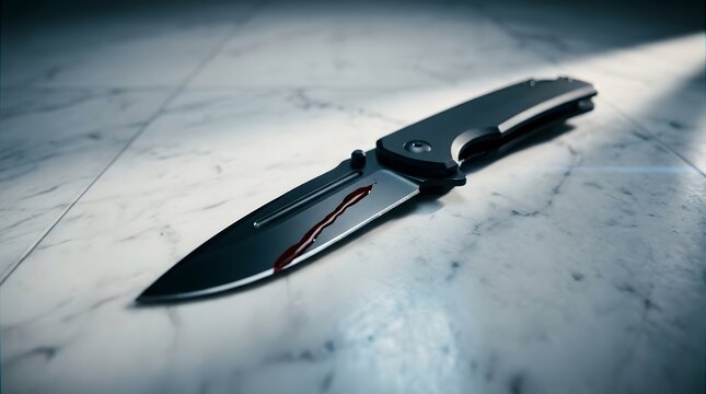 Close-up of a folding knife on a marble surface with dramatic lighting