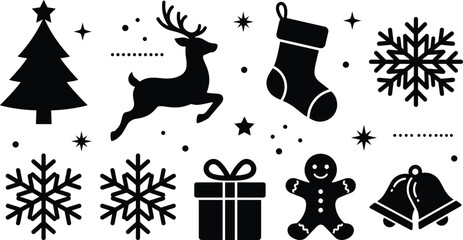 Christmas and winter holiday solid glyph icon set with tree reindeer stocking snowflake gift box gingerbread man bells © MdShakib