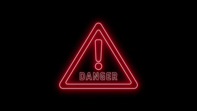 Danger warning sign animation with glowing red neon light and flickering effect for safety and alert messages on black background. danger signal icon. 4k video