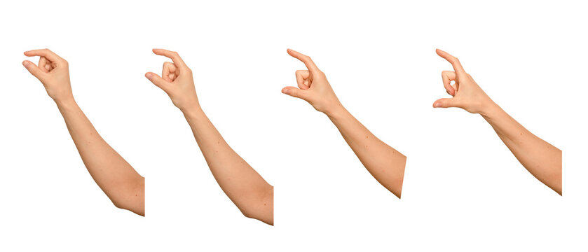 Female hand pinches fingers apart showing an invisible object. Gesture suggests holding something