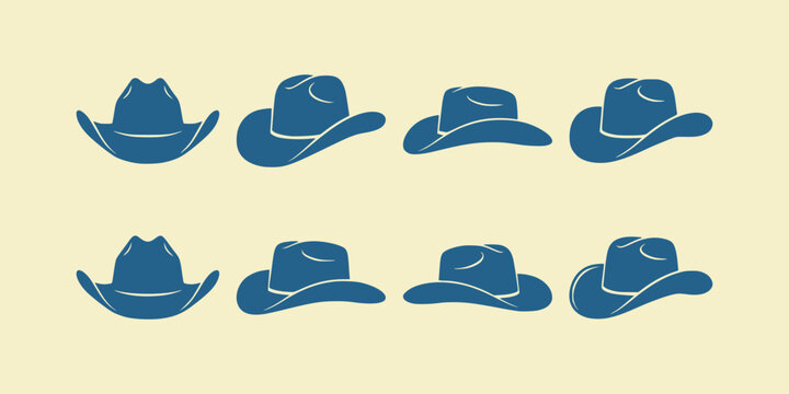 Set of blue cowboy hat silhouettes in different angles isolated on a white background isolated on white background