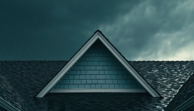 Perspective from below showing the gabled roof of a house with a triangular dormer window against a cloudy sky