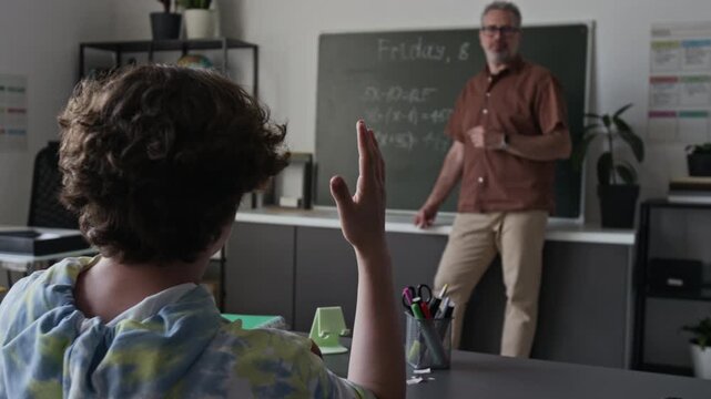Middle aged male teacher explaining math on chalkboard to teenage student raising hand. Clip for educational marketing, school promotions, and e-learning campaigns
