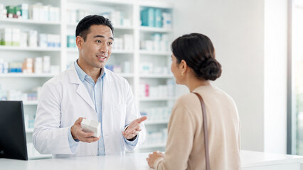 Fototapeta premium Professional pharmacist consulting customer in modern pharmacy