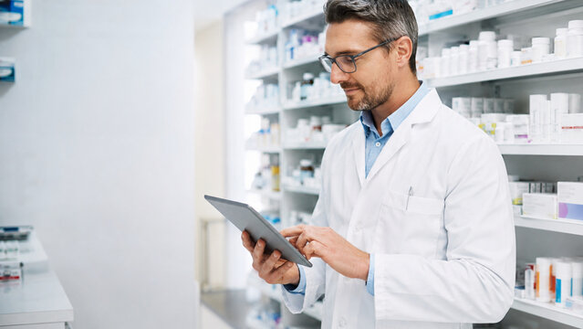 Pharmacist managing pharmacy inventory with digital tablet