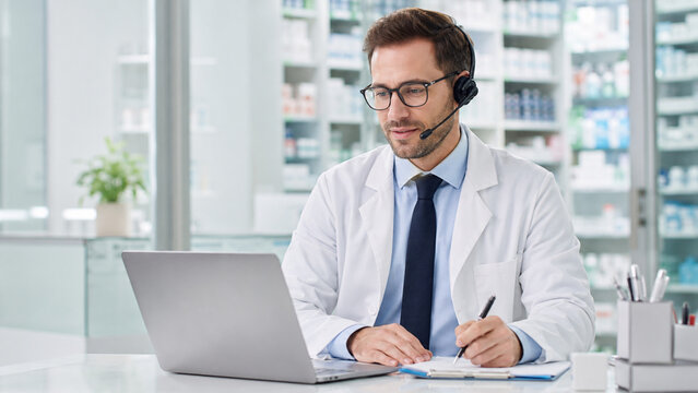 Pharmacist providing digital healthcare service at pharmacy desk