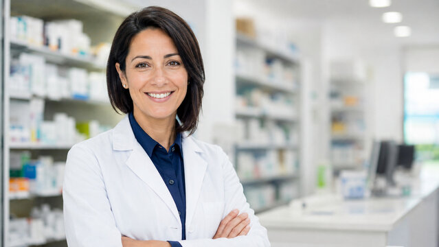 Confident professional pharmacist portrait in modern pharmacy