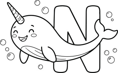 Cute cartoon narwhal with letter n for kids coloring page activity © MAJAHARULISLAM