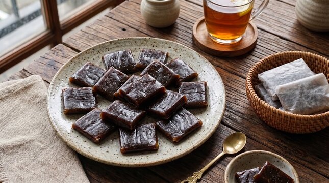 Traditional Indonesian sweet sticky rice cake, Jenang Kudus, served as flat square slices on a ceramic plate with warm lemon tea on a rustic wooden table.