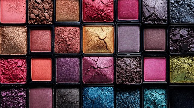 Crushed eyeshadow palette closeup, vibrant colors, studio shot, makeup tutorial