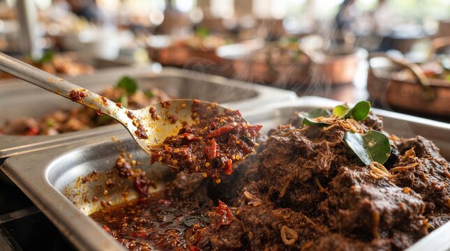 Spoon lifting rich sambal beef stew from clay pot. Spicy braised meat dish served in rustic earthenware with herbs.