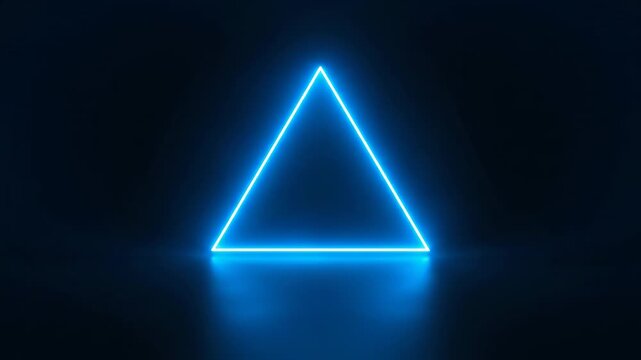 Glowing blue neon triangle against a dark backdrop. Reflective floor effect
