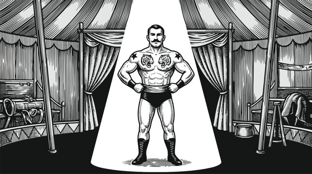 Muscular man standing on theater spotlight curtains vector illustration.