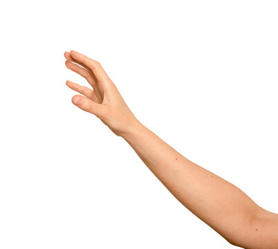 Female hand reaches out, side view, fingers curved. Gesture suggests grabbing, catching, or touching