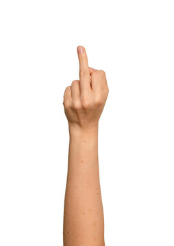 Female hand shows middle finger directly toward camera. Gesture appears bold and confrontational in