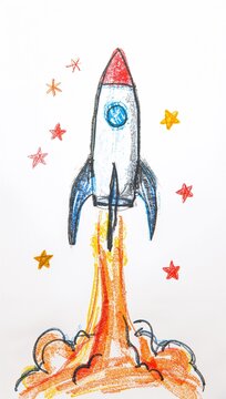 Child's hand-drawn rocket launching into space with colorful stars illustrating imagination, creativity and playful exploration.