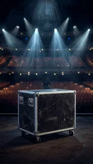 Professional audio equipment flight case positioned on a theater stage under dramatic spotlights with an empty auditorium in the background. © Curioso.Photography