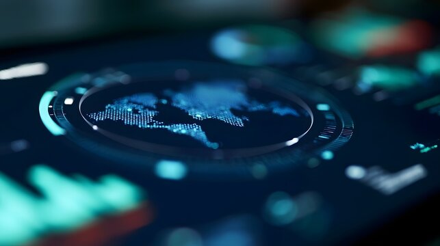 Digital interface showing glowing world map within circular HUD design on dark futuristic screen