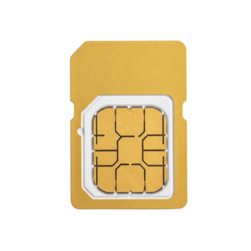 Gold-colored SIM card with gold circuitry and white plastic contact area against a clean white background