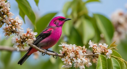 Obraz premium Vivid Pink Songbird Perched on Flowering Branch in Sunny Spring Garden