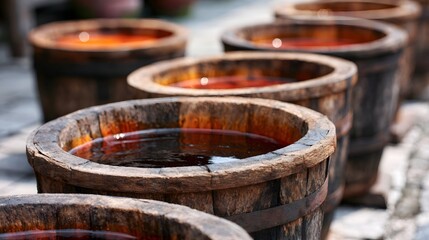 Fototapeta premium Rows of weathered wooden barrels filled with dark amber liquid arranged outdoors under natural light