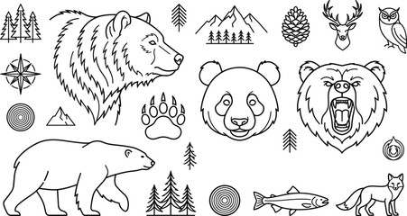 Wild bear line art icons vector collection set featuring grizzly panda polar forest wildlife isolated on white background © MdShakib
