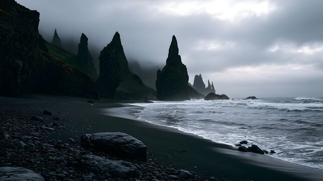 A dramatic coastal scene featuring a dark volcanic sand beach and towering black basalt sea stacks under an overcast sky