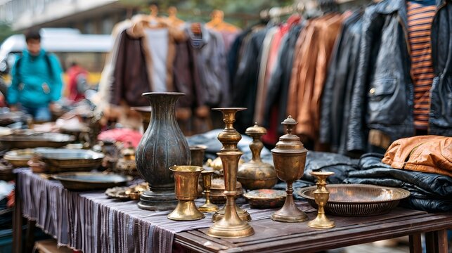A wooden table displays an assortment of vintage brassware including candlesticks  vases  and bowls alongside folded leather jackets