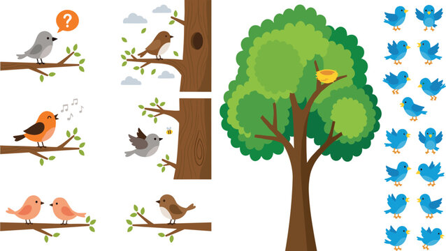 Bird & Tree Clipart Set &ndash; Sparrows, Bluebirds, Nesting Tree & Branches