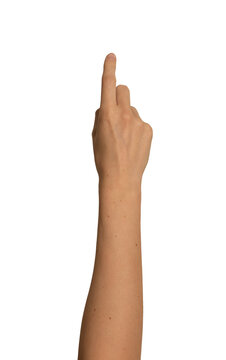 Female index finger taps an invisible touchscreen. Gesture suggests clicking, selecting, or