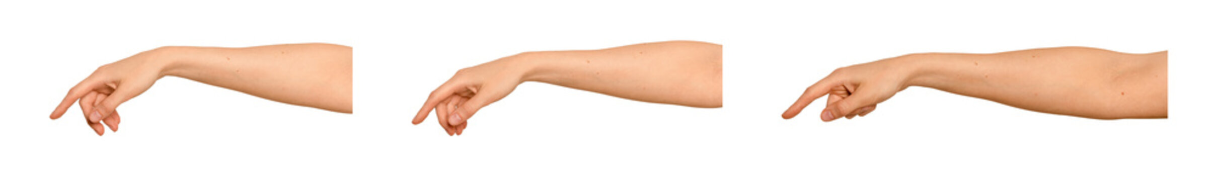 Female index finger touches something invisible in mid-air. Arm stretches out, side view, reaching