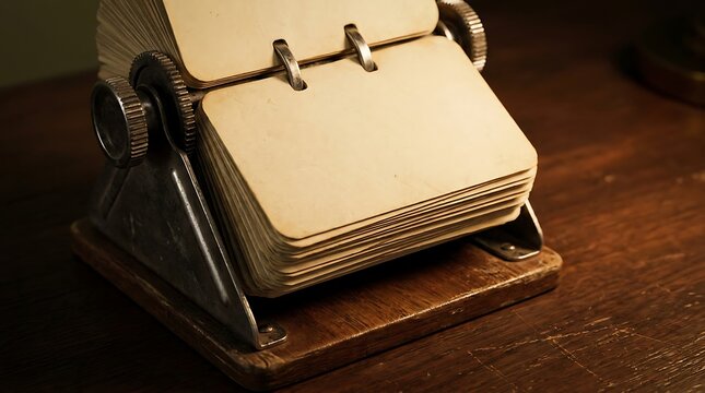 Vintage metal rolodex card file holder with blank paper cards for organizing contacts on a dark wooden office desk