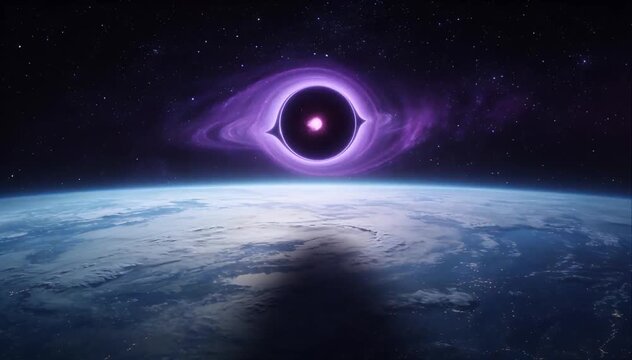 Purple vortex space above Earth cosmic orb star field dark sky planet horizon glowing ring surreal scene cosmic eclipse view celestial atmosphere black hole purple glow sci fi cosmic scene