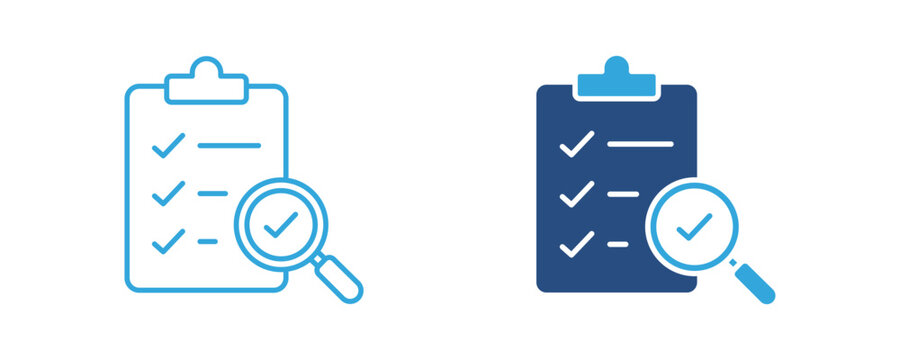 Clipboard with magnifying glass icon, document verification, audit checklist, quality inspection, vector illustration