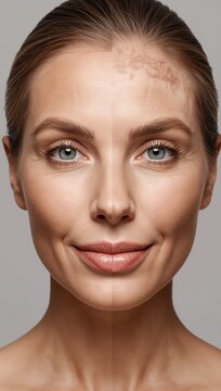 Confident middle-aged woman with healthy natural skin looking at the camera, highlighting beauty, skincare and graceful aging on a neutral background.