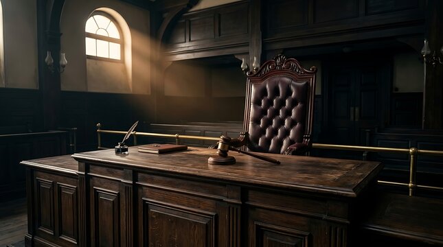 Wooden judges gavel and law book on a dark desk inside a moody courtroom with light coming from a high window