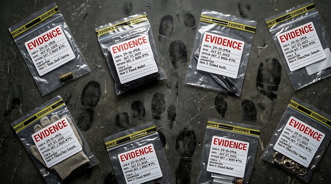 Several plastic evidence bags with labels on a dark surface for criminal investigation and forensic analysis