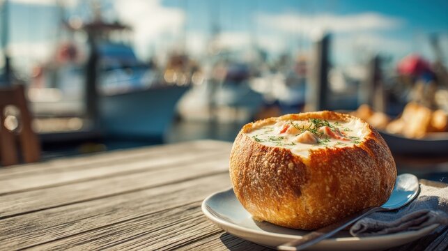 A fresh clam chowder served in a sourdough bread bowl at a seaside dock. Perfect for seafood restaurant.