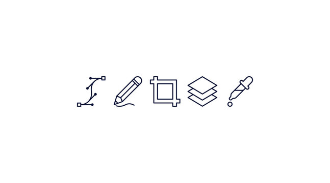 Creative design tools outline icon set on white background
