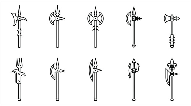 Professional asset sheet of medieval poleaxe and guard halberd icons collection on a white background
