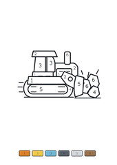 Fototapeta premium Bulldozer Pushing Rocks Color by Number Worksheet for Kids