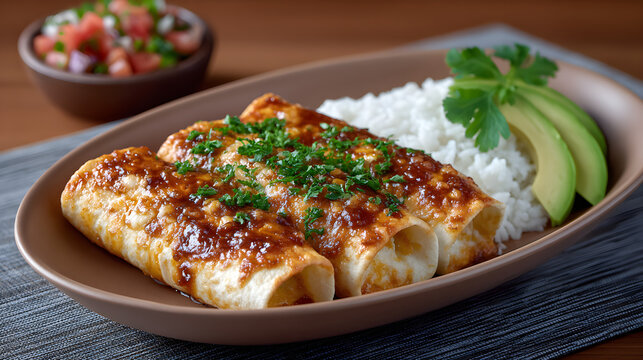 Delicious Enchiladas Served With Rice And Avocado Slices