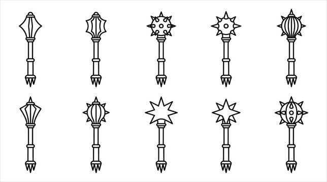 Professional asset sheet of medieval magic mace staff icons collection on a white background