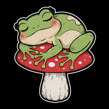 Cute Sleeping Frog on Red Mushroom Kawaii Sticker Illustration | Adorable Cartoon Frog Clipart.