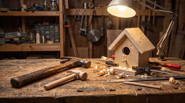 Woodworking tools and birdhouse on workbench - Woodworking, Tools, Bir
