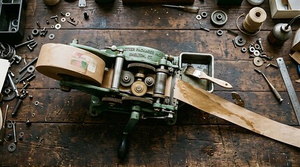Naklejka premium Old metal machine for grain processing with gears and metal parts on a rustic dark wooden workshop table top view