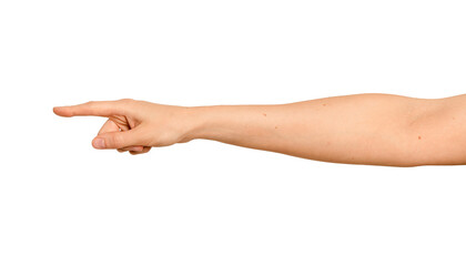 Fototapeta na wymiar Female right hand points toward the left side. Index finger extends fully in a directional gesture.