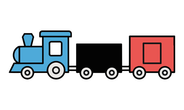 Cute simplified outline icon of a toy train engine with tender and boxcar connected, isolated on white. Childlike transportation design