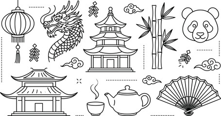 Chinese culture line art vector illustration set with dragon pagoda temple lantern panda bamboo teapot and fan icons © MdShakib